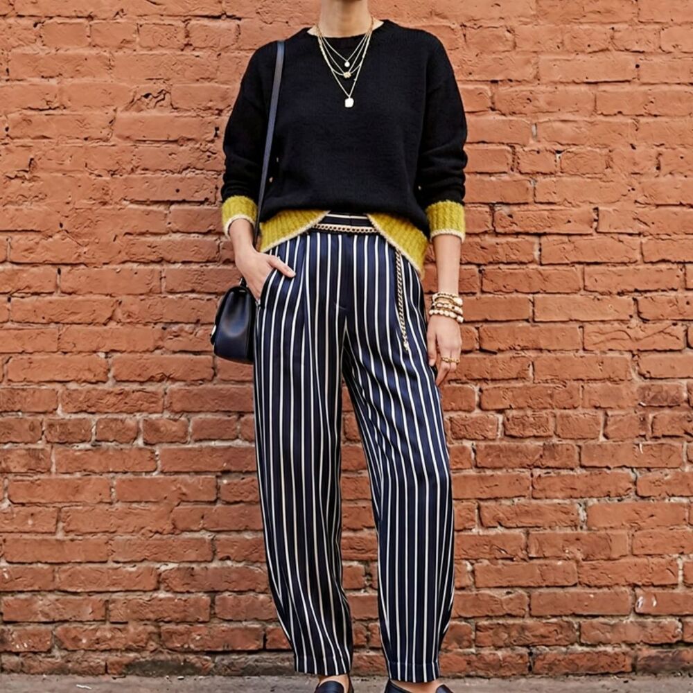 Vanessa Bruno Ribbed Navy with Yellow Band Wool/Alpaca Blend Sweater~$334